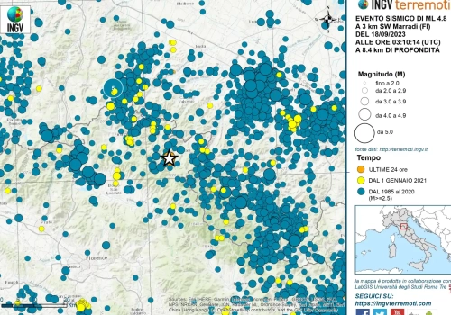 Evento sismico Ml 4.8 in provincia di Firenze, 18 settembre 2023